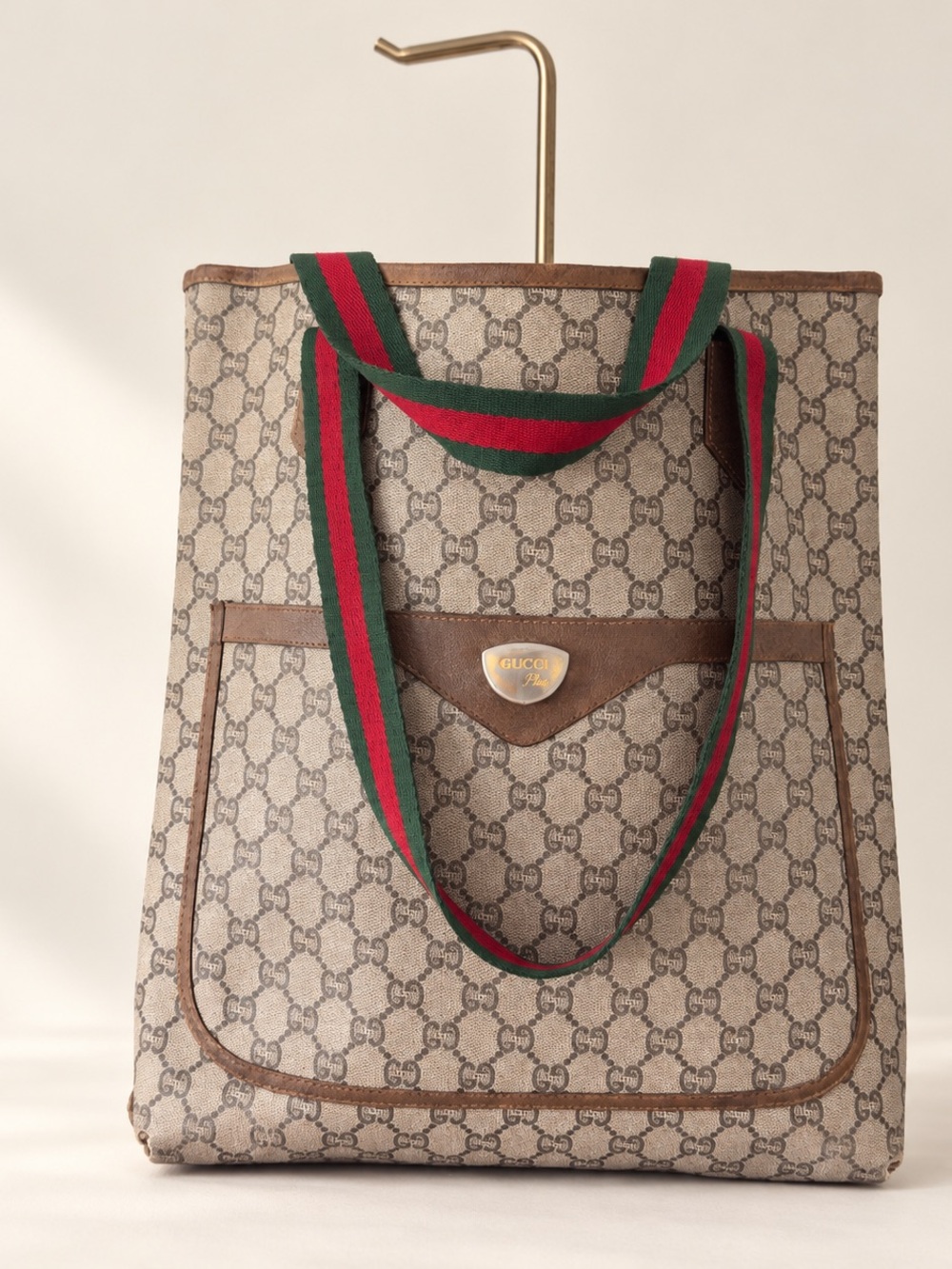 Authentic Vintage Gucci Beige GG Supreme Canvas Tote with Web Stripe